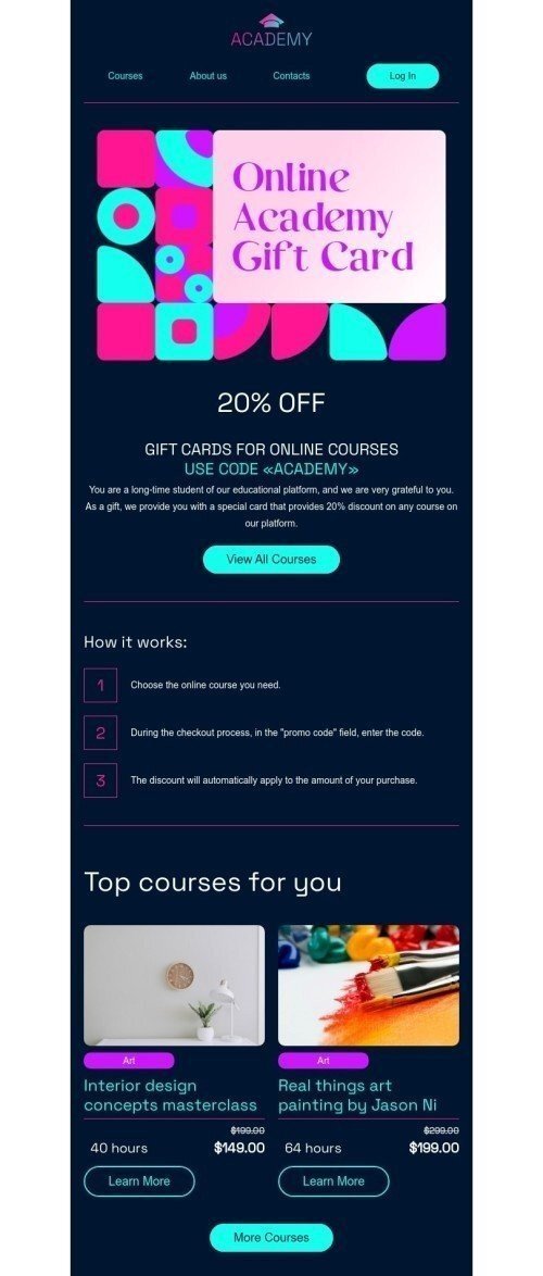 Promo email template "Promo code for a discount" for education industrydesktop view