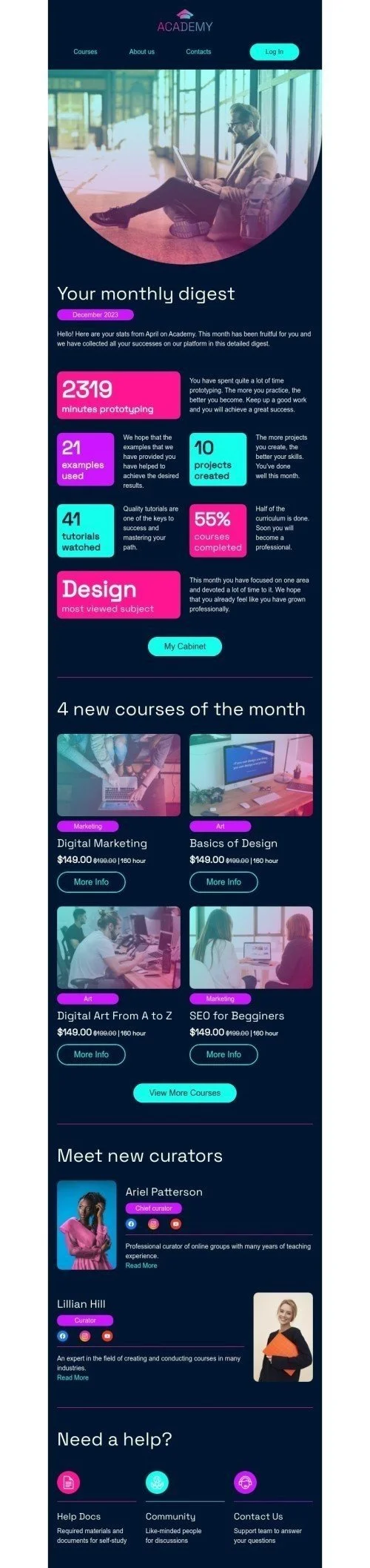 Newsletters email template "Your monthly digest" for education industry