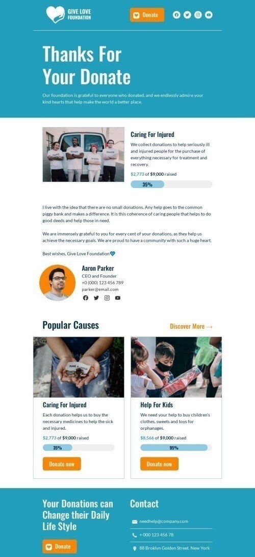 Plantilla de correo electrónico «Gracias por tu donacion» de agradecimientos para la industria de sin fines de lucro y caridad Vista de móvil