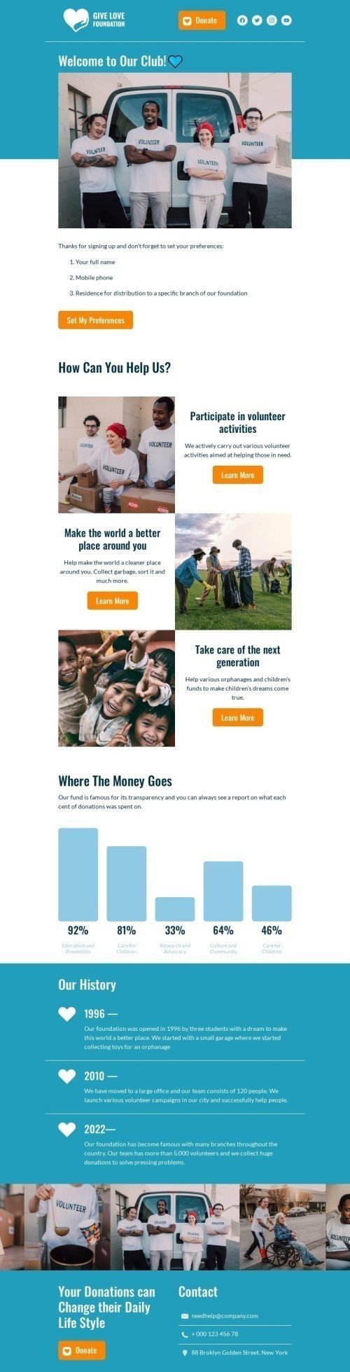 Welcome email template "Welcome to our club" for nonprofit industrydesktop view