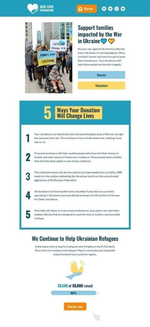 Promo email template "We continue to help ukrainian refugees" for nonprofit industry mobile view