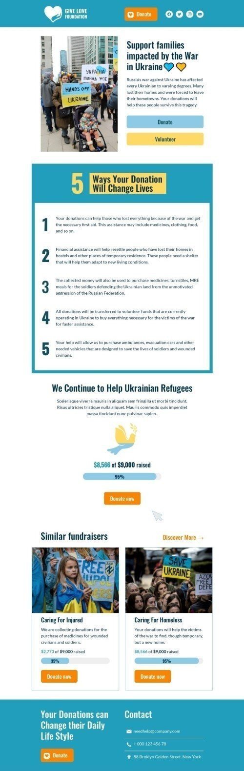 Promo email template "We continue to help ukrainian refugees" for nonprofit industrydesktop view
