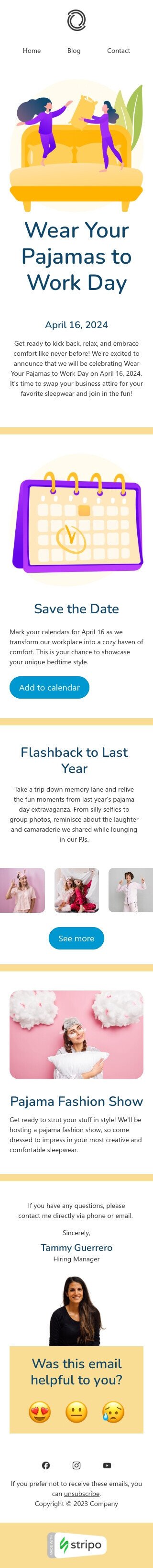 Modello email Indossa il pigiama al lavoro «Sfilata di moda in pigiama» per il settore industriale di commercio Visualizzazione mobile