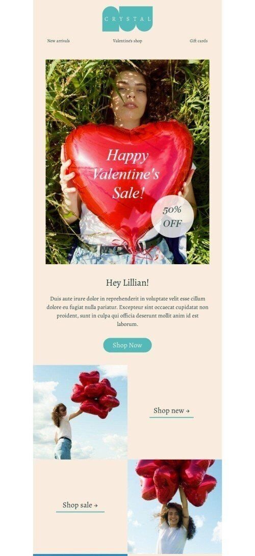 Valentinstag E-Mail-Vorlage «Gutscheine für alle Gelegenheiten» für Mode-Branche Ansicht auf Mobilgeräten