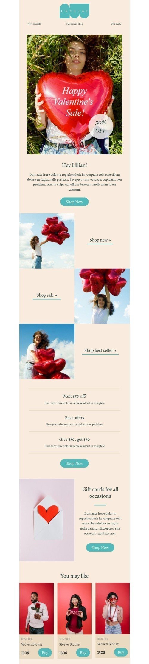 Valentinstag E-Mail-Vorlage «Gutscheine für alle Gelegenheiten» für Mode-Branche Ansicht auf Mobilgeräten