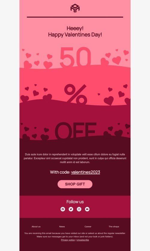 Valentine’s Day email template "Rain of hearts" for fashion industry mobile view