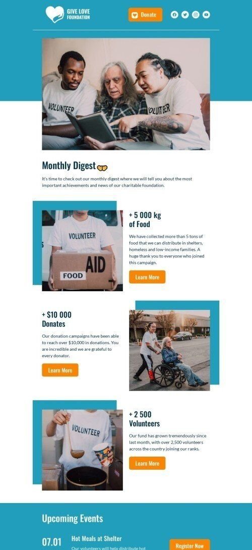 Promo email template "Monthly digest" for nonprofit industry mobile view