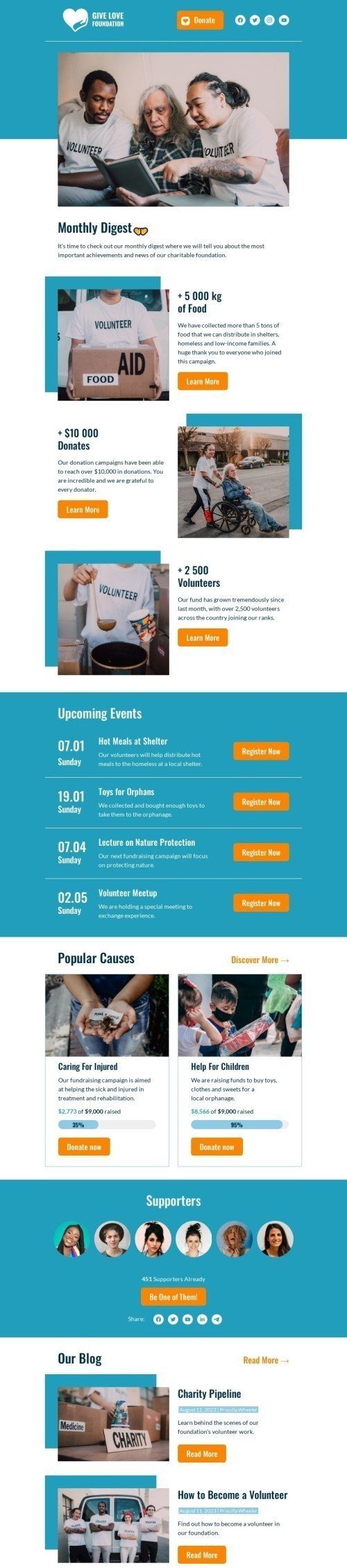 Promo email template "Monthly digest" for nonprofit industrydesktop view