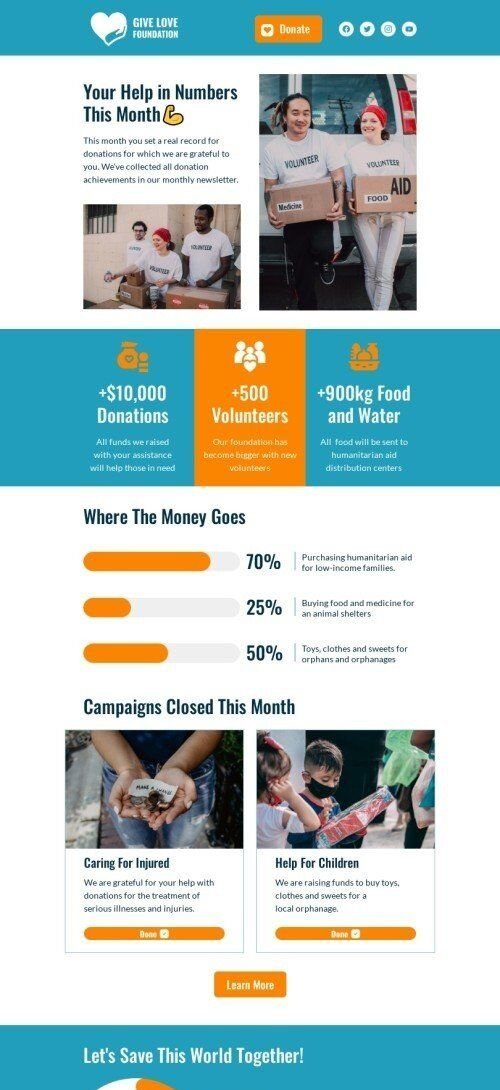 Promo email template "Statistic-based email" for nonprofit industry mobile view