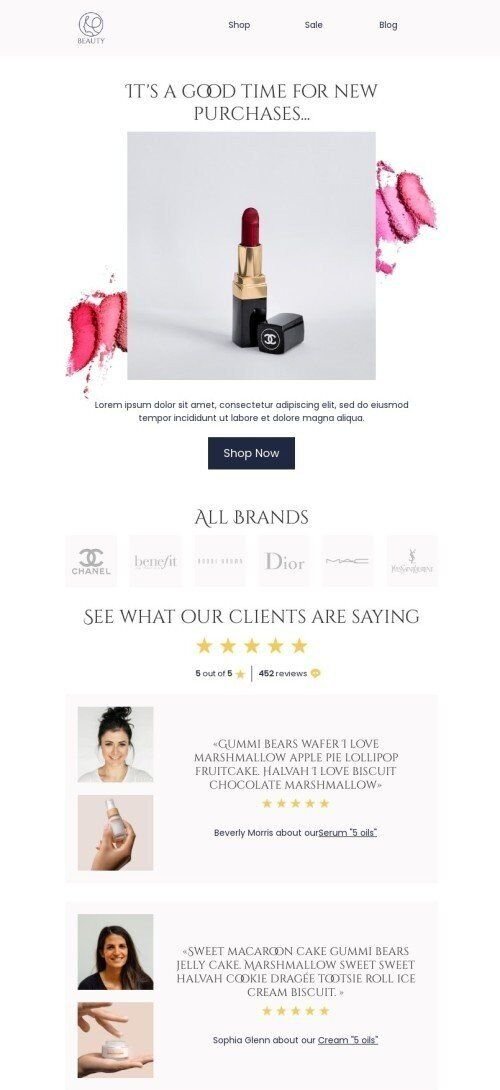 Modelo de e-mail de «Bom momento para novas compras» de promoção para a indústria de beleza e cuidados pessoais Visualização de dispositivo móvel