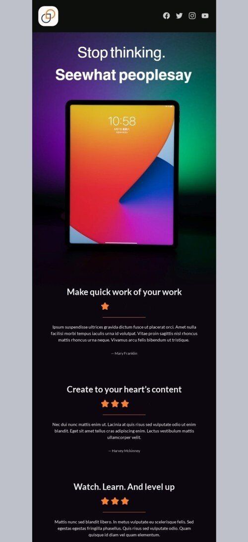 Promo email template "See what people say" for gadgets industry mobile view