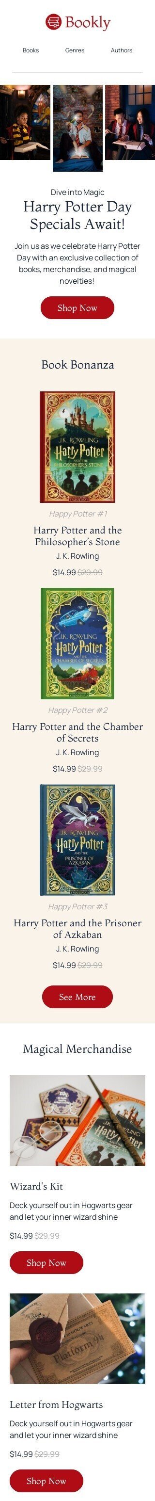 Modelo de e-mail de «Bonança de livros» de Dia de Harry Potter para a indústria de livros e presentes e papelaria Visualização de dispositivo móvel