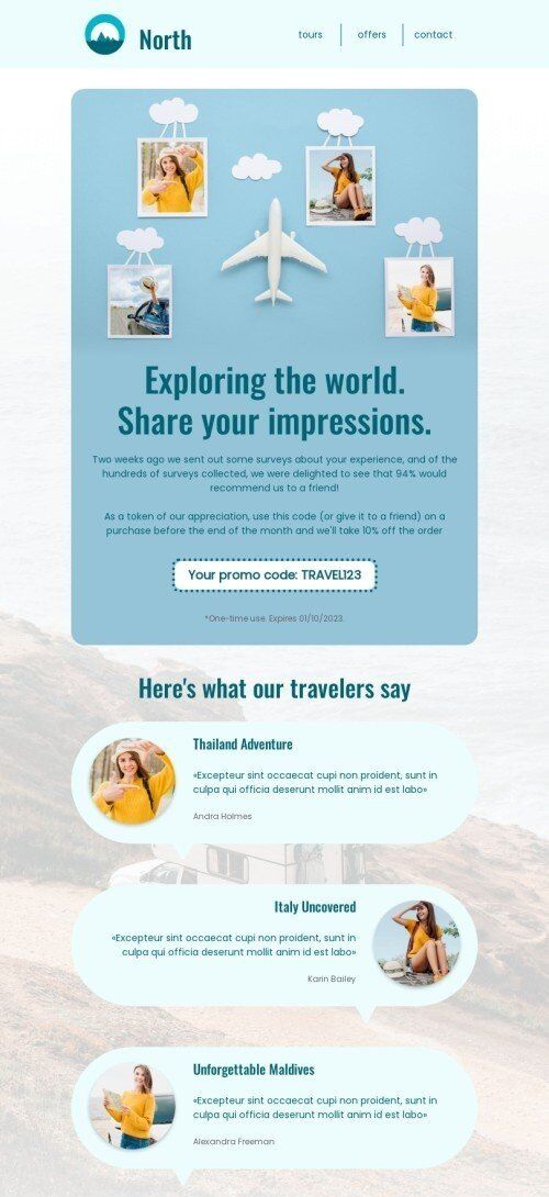 Werbung E-Mail-Vorlage «Teilen Sie Ihre Eindrücke» für Tourismus-Branche Ansicht auf Mobilgeräten