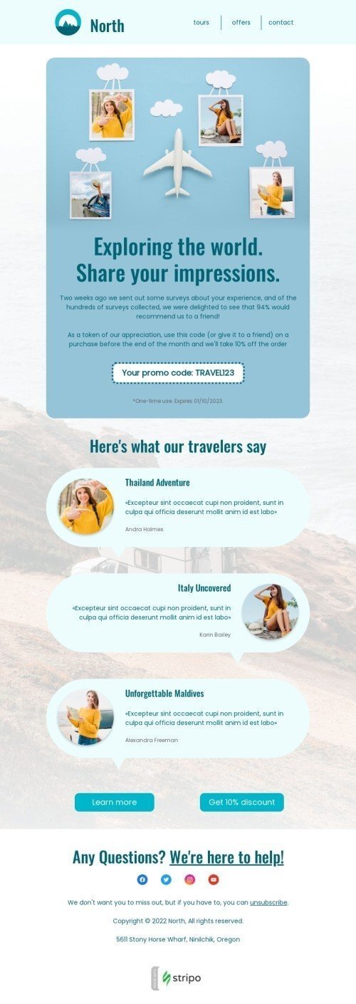 Promo email template "Share your impressions" for travel industry mobile view