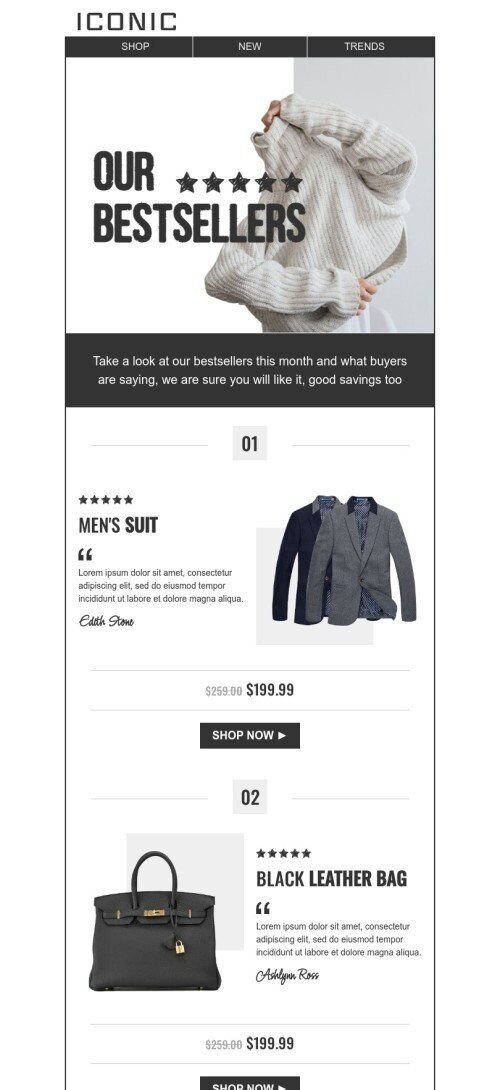Werbung E-Mail-Vorlage «Gute Ersparnisse» für Mode-Branche Ansicht auf Mobilgeräten