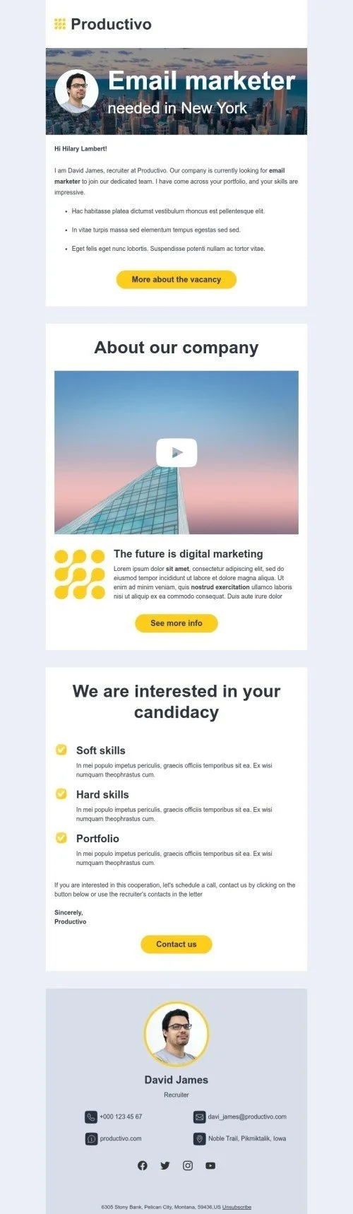 Promo email template "Email marketer needed in New York" for business industry