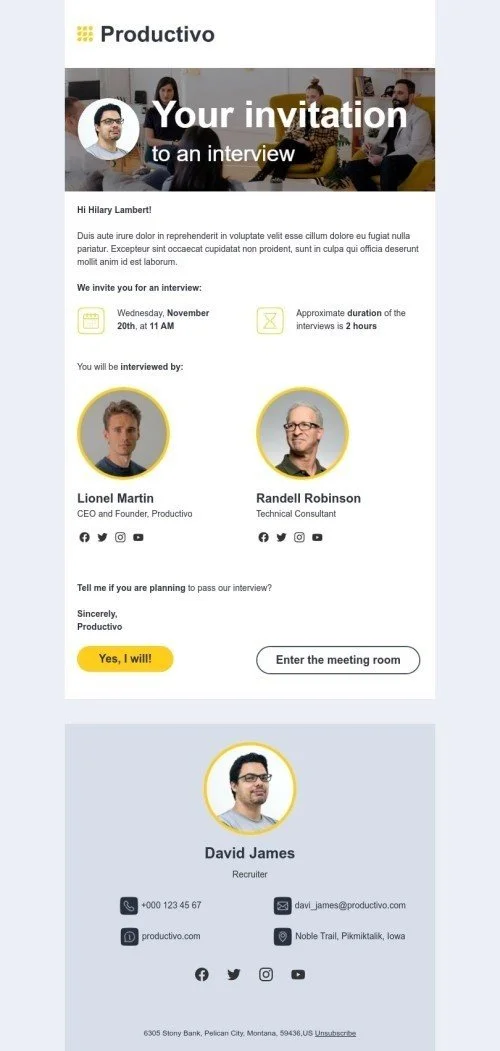 Promo email template "Your invitation to an interview" for business industry