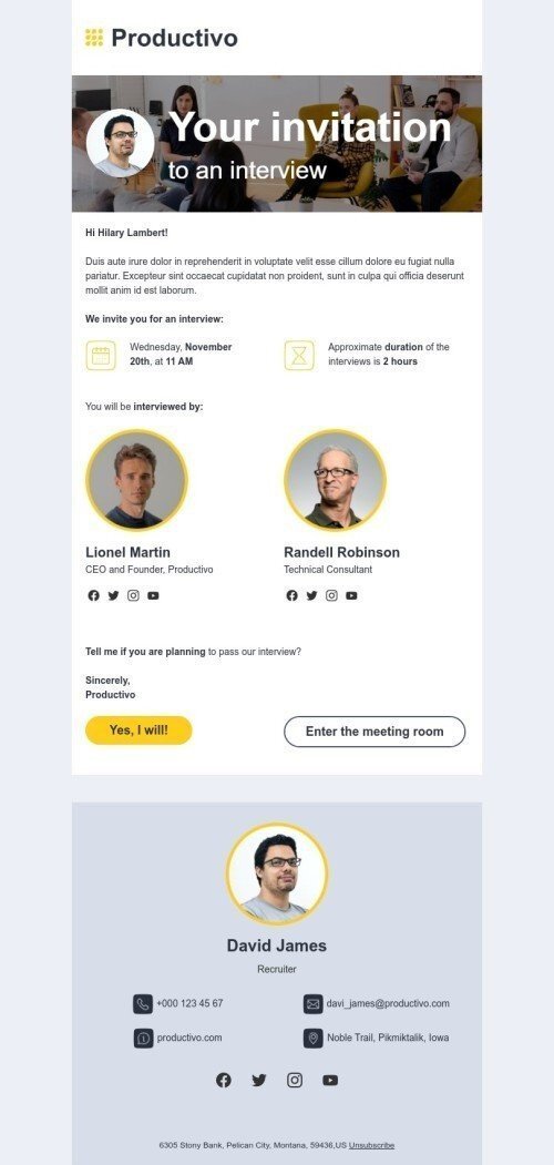 Promo email template "Your invitation to an interview" for business industrydesktop view