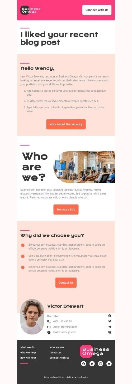 Promo email template "I liked your recent blog post" for business industry