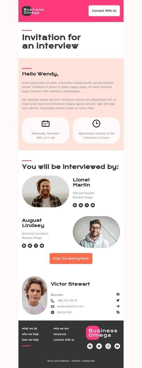 Promo email template "Invitation for an interview" for business industrydesktop view