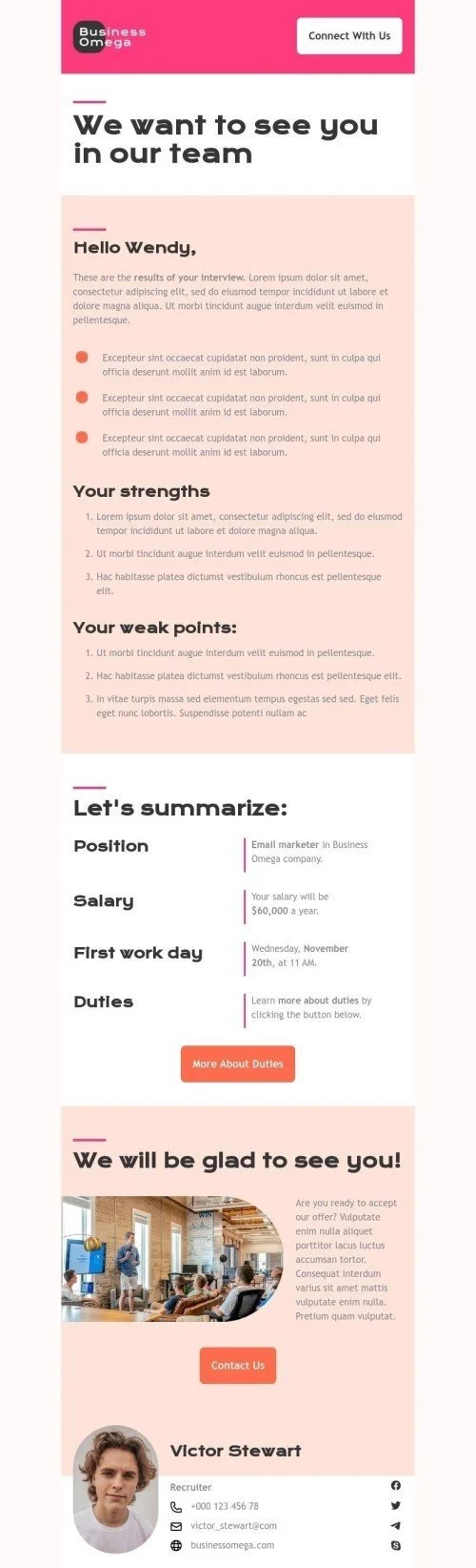 Promo email template "We want to see you in our team" for business industry