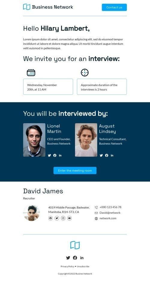 Modello email promo «Ti invitiamo per un colloquio» per il settore industriale di commercio Visualizzazione mobile