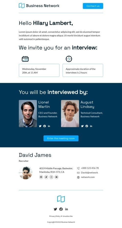 Promo email template "We invite you for an interview" for business industry mobile view