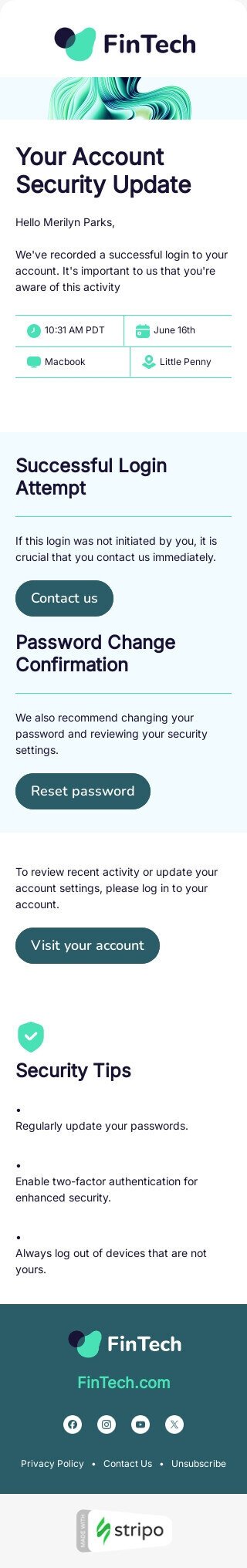 Modelo de e-mail de «Segurança da conta» de desencadear para a indústria de FinTech Visualização de dispositivo móvel