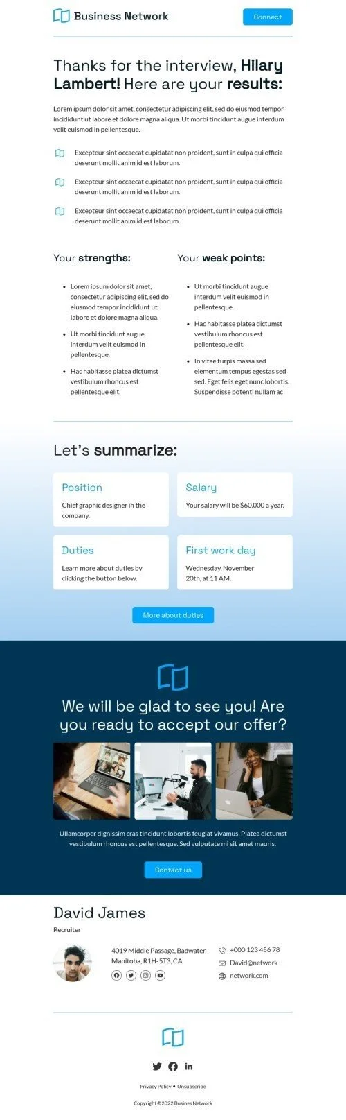 Promo email template "Thanks for the interview" for business industry