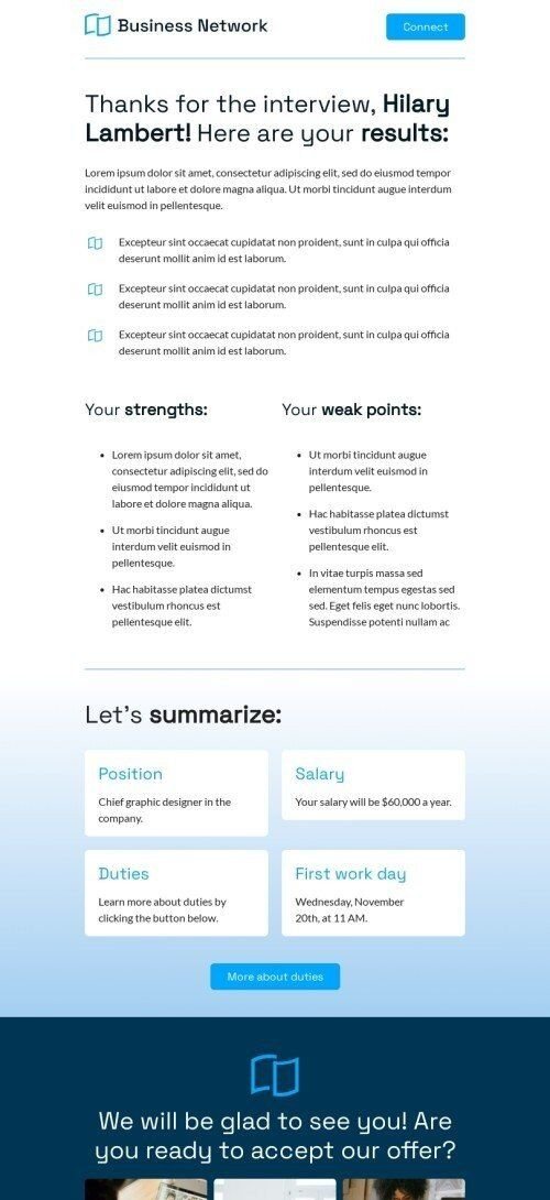 Modello email promo «Grazie per l'intervista» per il settore industriale di commercio Visualizzazione mobile