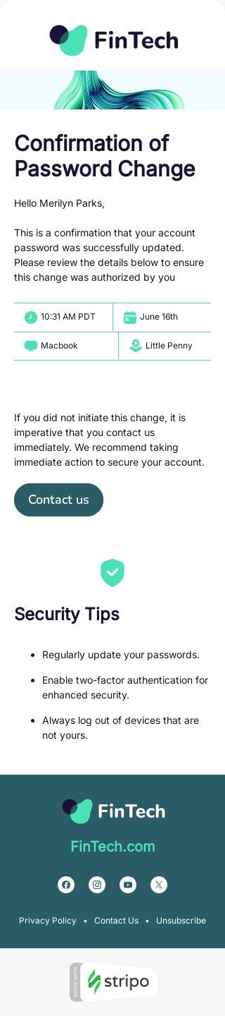 Modèle de courrier électronique gâchette «Changement de mot de passe» pour le secteur FinTech Affichage mobile