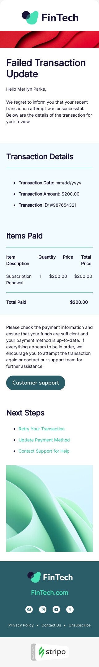 Шаблон листа «Помилка оновлення транзакції» тематики тригерні для індустрії «ФінТех» мобільний вигляд