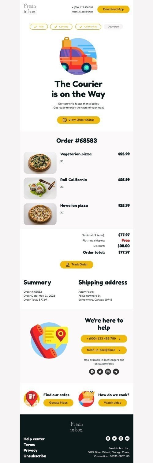 Trigger email template "The courier ​is on the way" for food industry desktop view