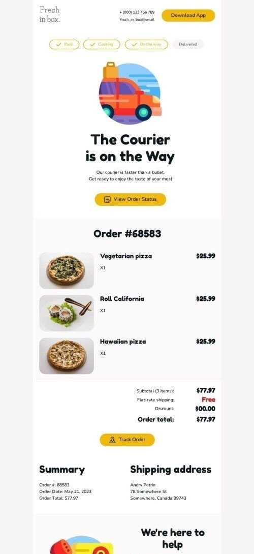 Modello email grilletto «El mensajero está en camino» per il settore industriale di cibo Visualizzazione mobile