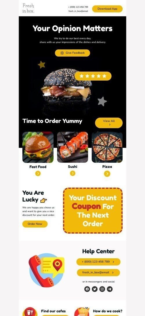Promo email template "Your opinion matters" for food industry mobile view