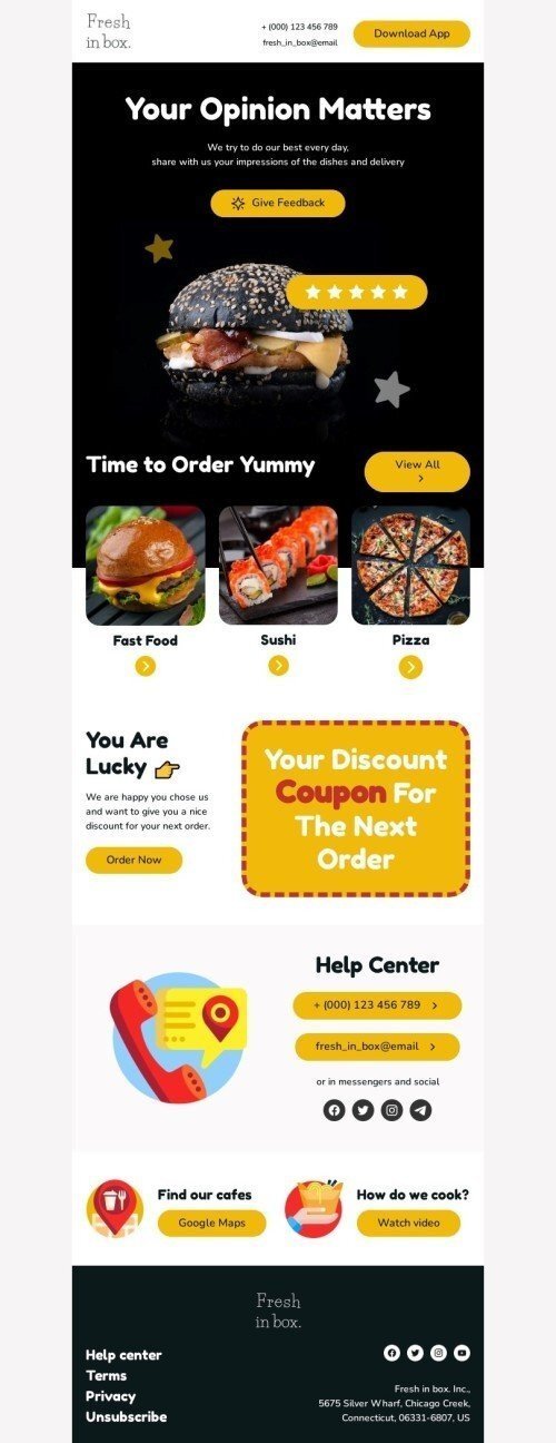 Promo email template "Your opinion matters" for food industry mobile view