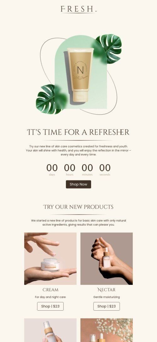 Modelo de e-mail de «É hora de uma atualização» de promoção para a indústria de beleza e cuidados pessoais Visualização de dispositivo móvel