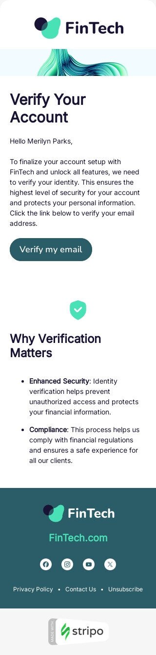 Шаблон листа «Підтвердьте свій акаунт» тематики тригерні для індустрії «ФінТех» мобільний вигляд
