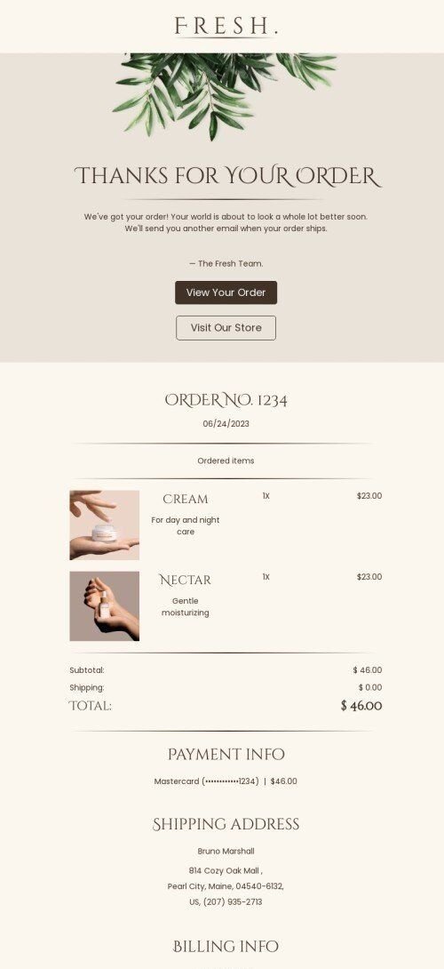 Modelo de e-mail de «Obrigado pelo seu pedido» de desencadear para a indústria de beleza e cuidados pessoais Visualização de dispositivo móvel