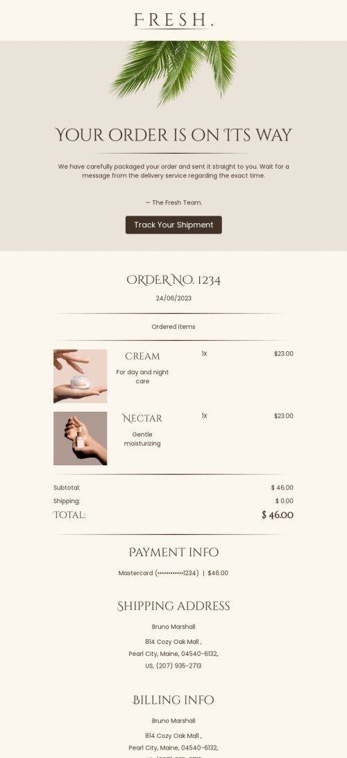 Modelo de e-mail de «Rastreie sua remessa» de desencadear para a indústria de beleza e cuidados pessoais Visualização de dispositivo móvel