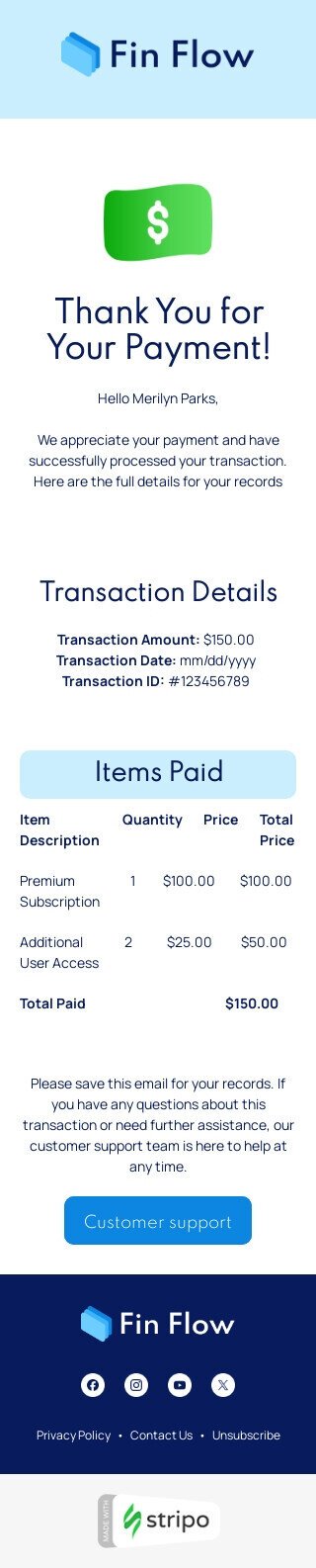 Шаблон листа «Підтвердження платежу» тематики тригерні для індустрії «ФінТех» мобільний вигляд