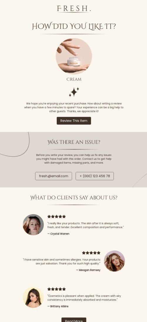 Promo email template "How did you like it?" for beauty & personal care industry mobile view