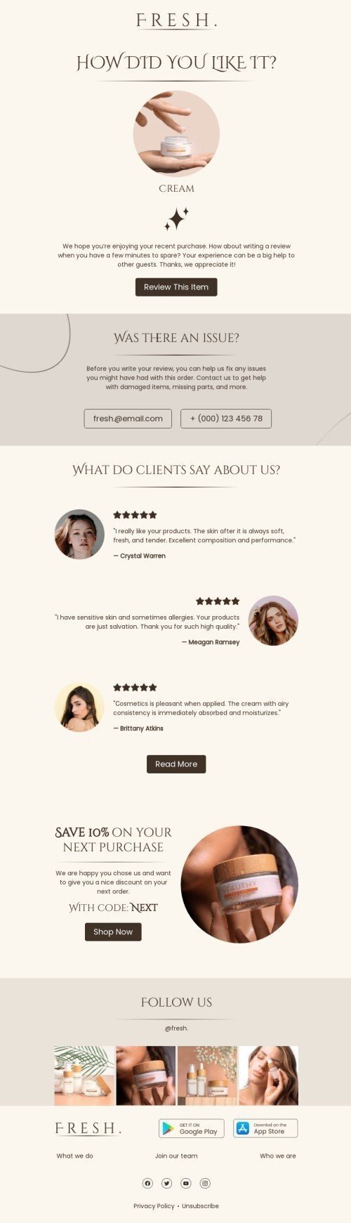 Promo email template "How did you like it?" for beauty & personal care industrydesktop view