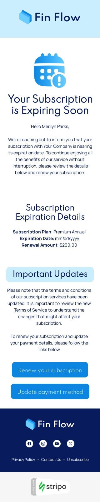 Modèle de courrier électronique gâchette «Alerte d'expiration d'abonnement» pour le secteur FinTech Affichage mobile