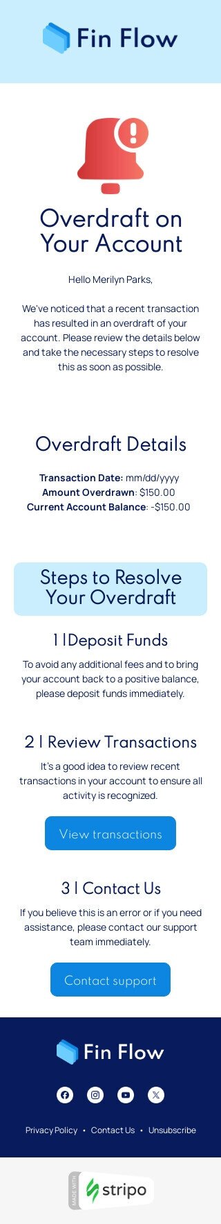 Plantilla de correo electrónico «Alerta de fondos insuficientes» de desencadenar para la industria de FinTech Vista de móvil