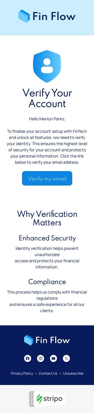Шаблон листа «Верифікація акаунта» тематики тригерні для індустрії «ФінТех» мобільний вигляд