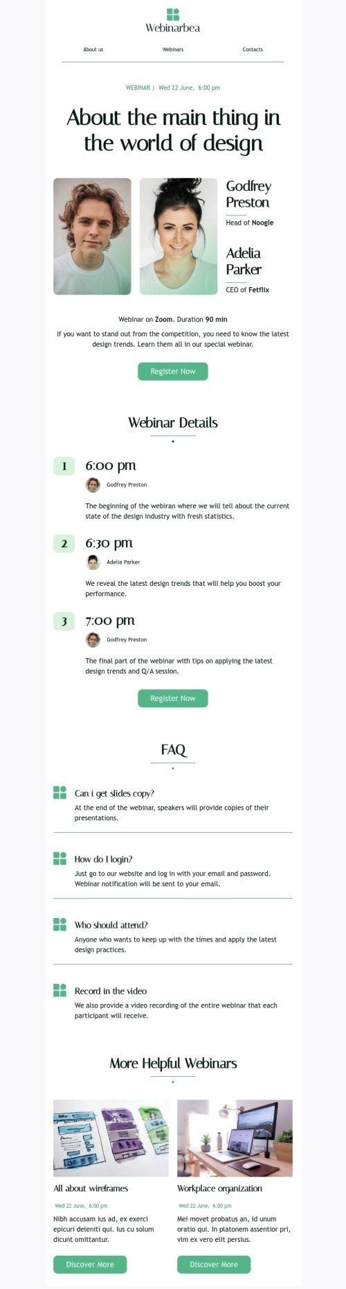 Promo email template «World of design» for webinars industry desktop view