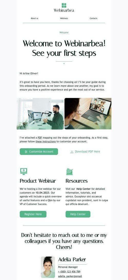 Promo email template «See your first steps» for webinars industry mobile view