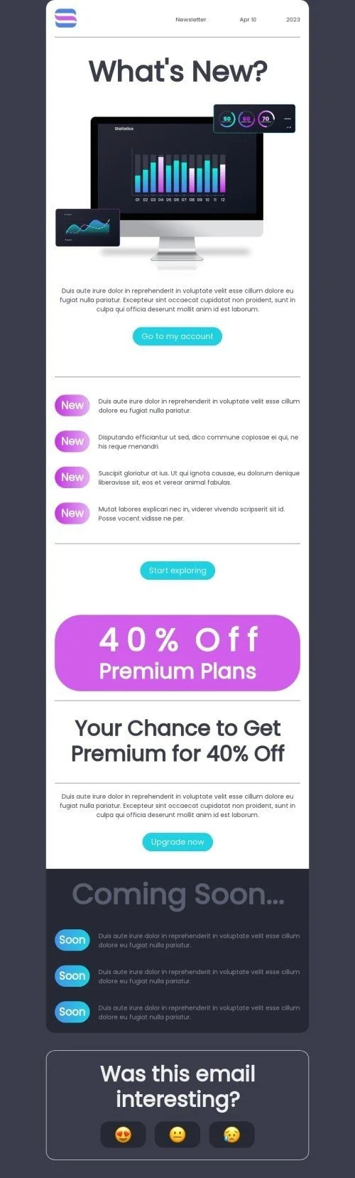 Promo email template "Our new updates" for business industry