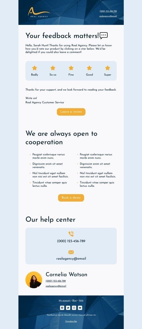 Customer service email template «Your feedback matters!» for business industrydesktop view